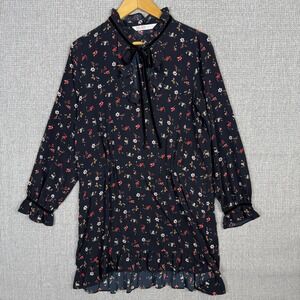 Zara Floral Mini Dress Velvet Trim Long Sleeve Ruffle Black XS Goth Whimsy Fairy